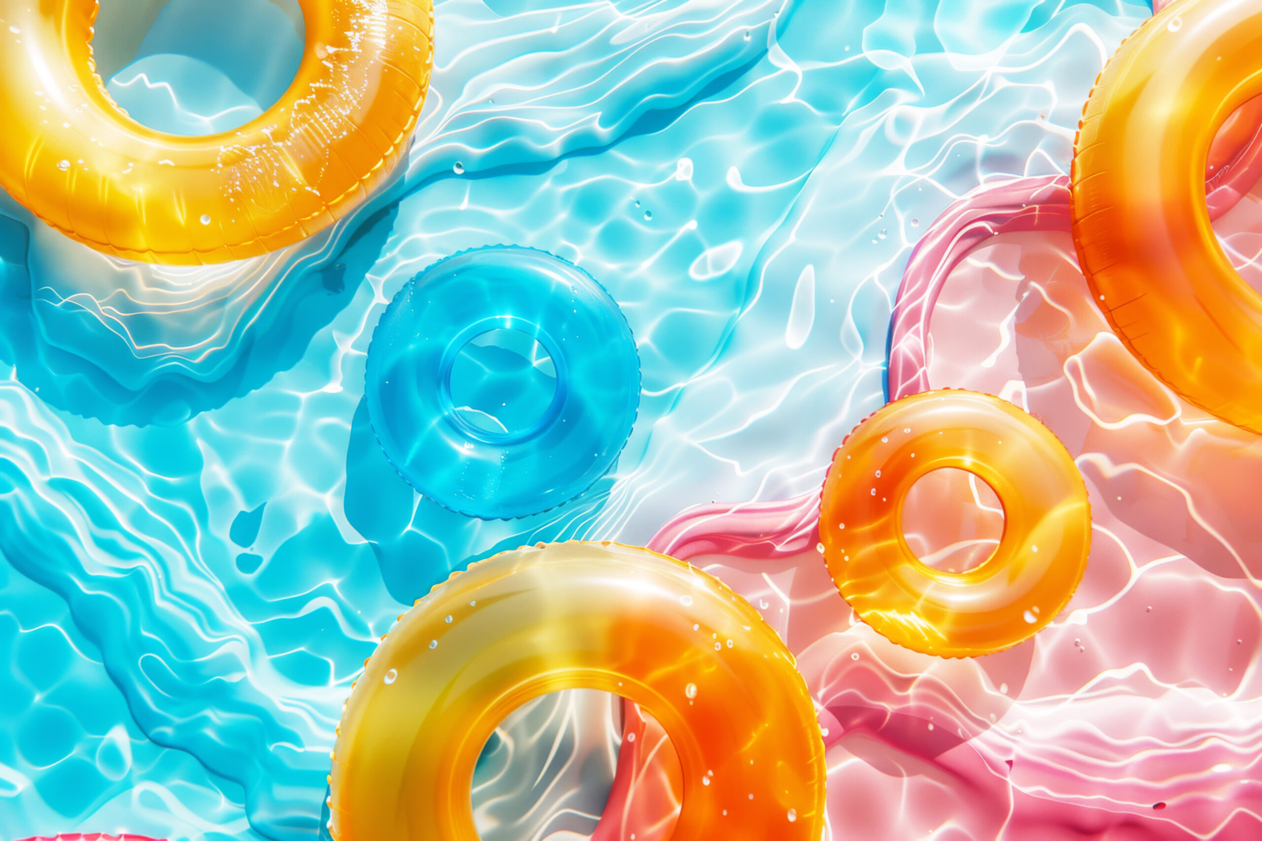 Bird’s-eye view of orange and blue inflatable swimming rings on a sunlit turquoise pool, depicting summer leisure and fun.
